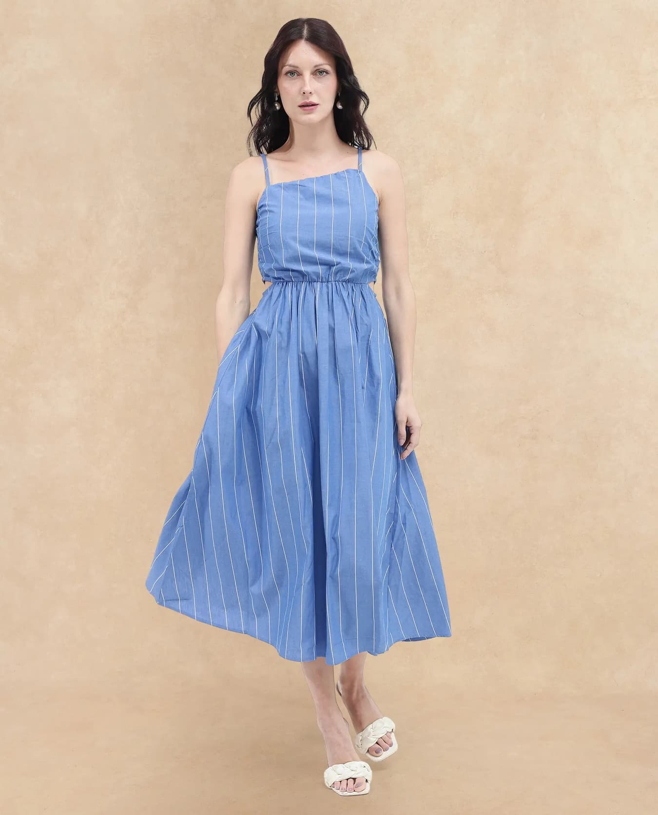 Women's Blue Casual Striped Fit & Flared Dress