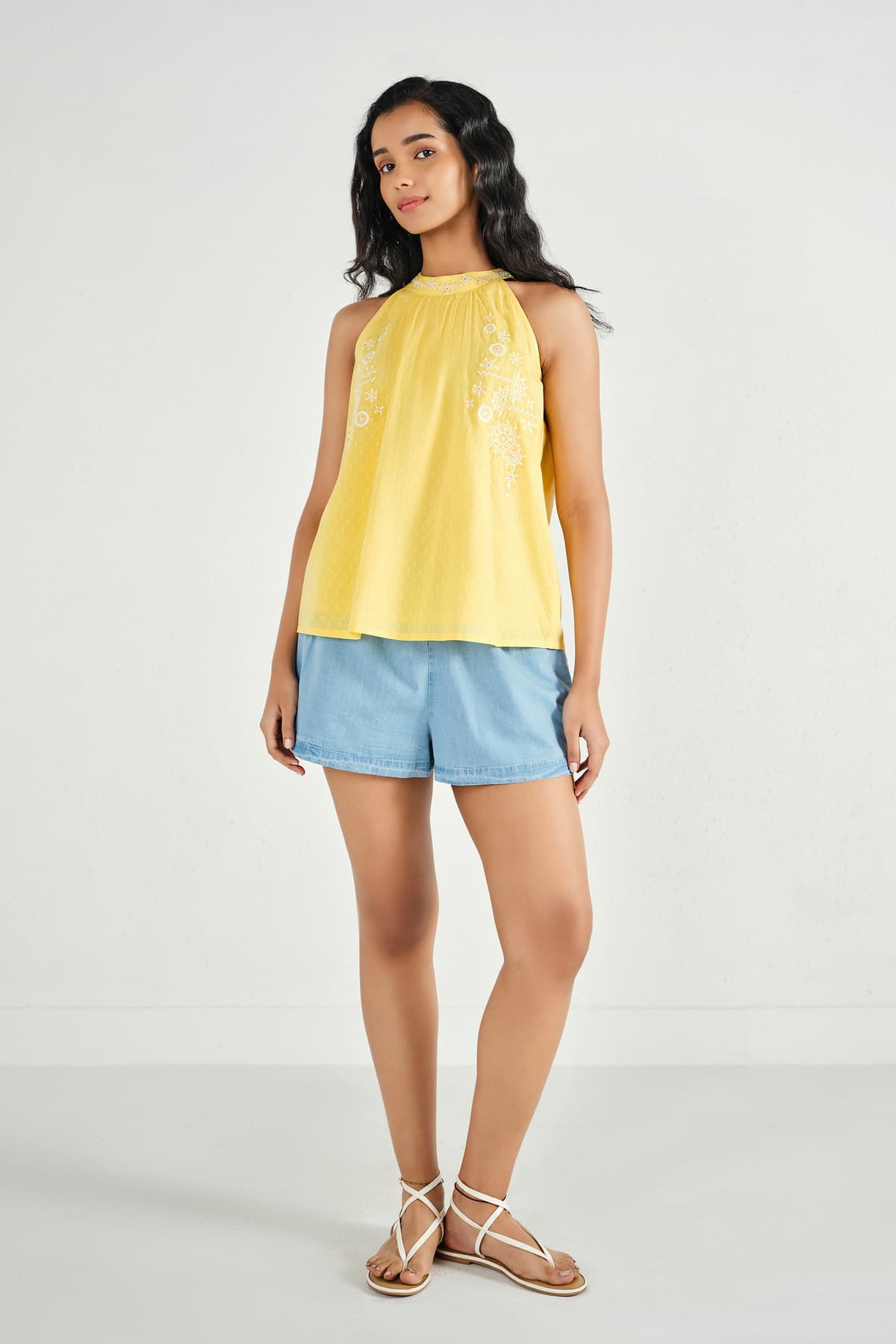 Women's Yellow Casual Solid Halter Neck Top