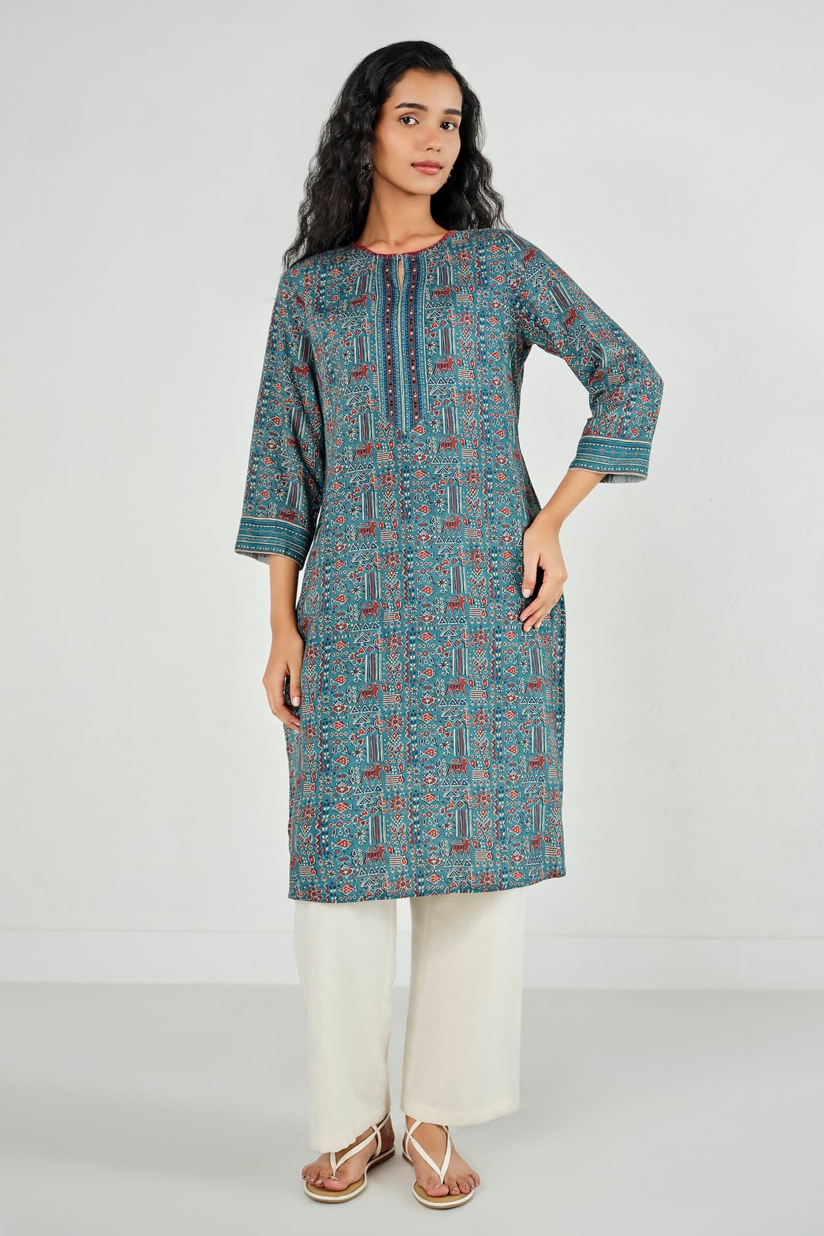Women's Blue Casual Printed Keyhole Neck Kurta