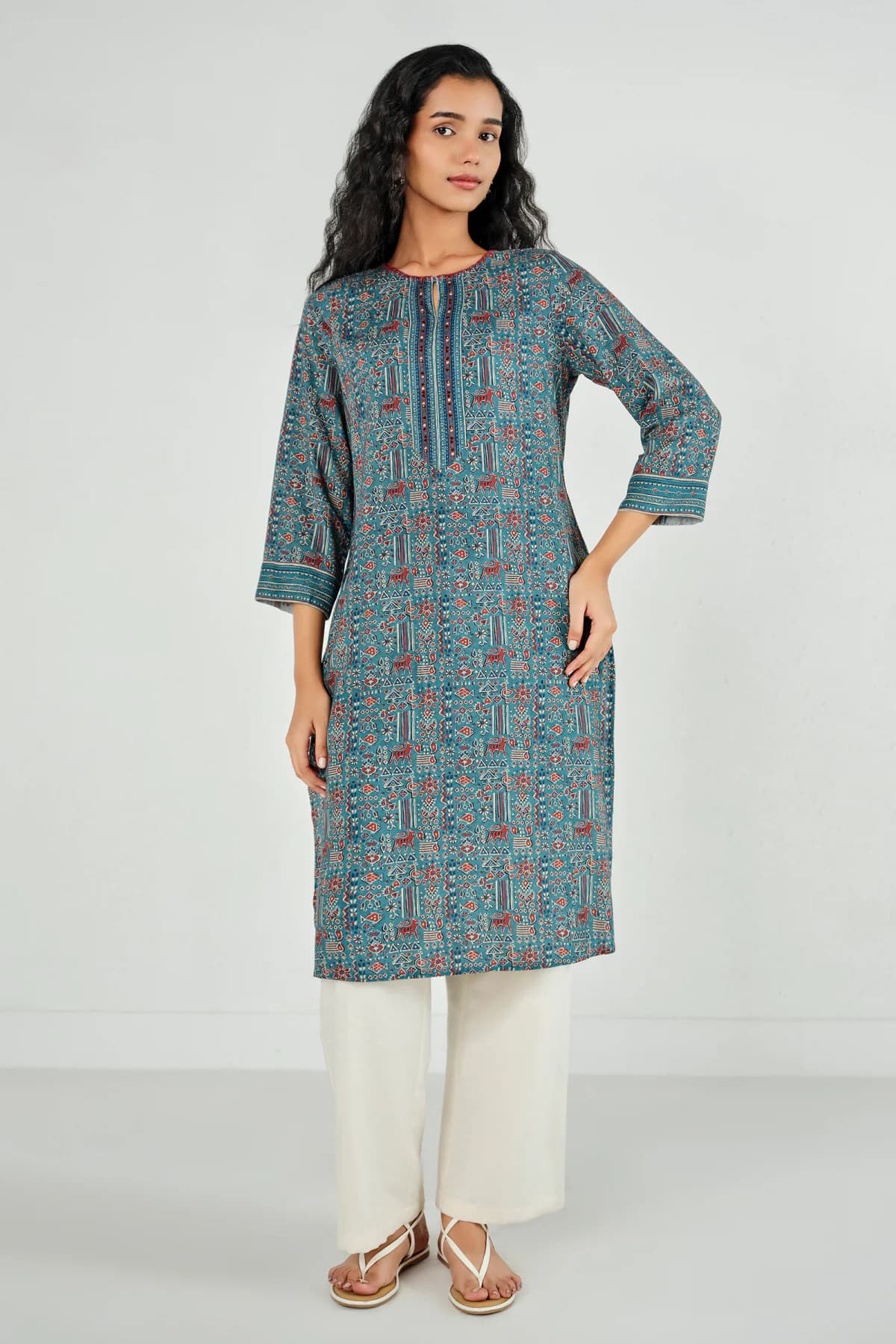 Women's Blue Casual Printed Keyhole Neck Kurta