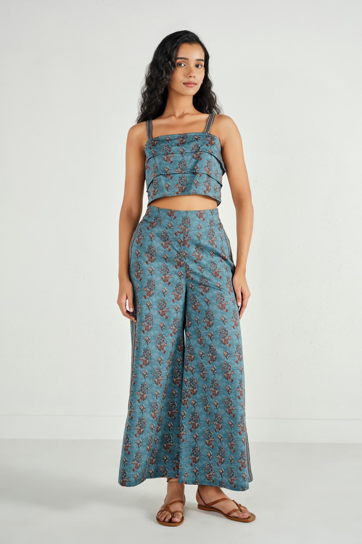 Women's Blue Casual Printed Top with Palazzo