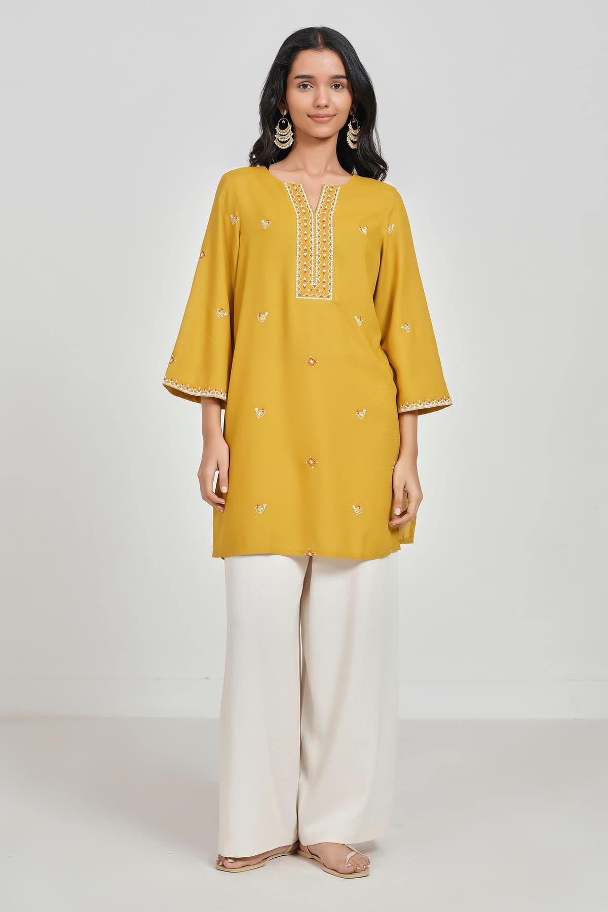 Women's Yellow Casual V-Neck Embroidered Tunic Top