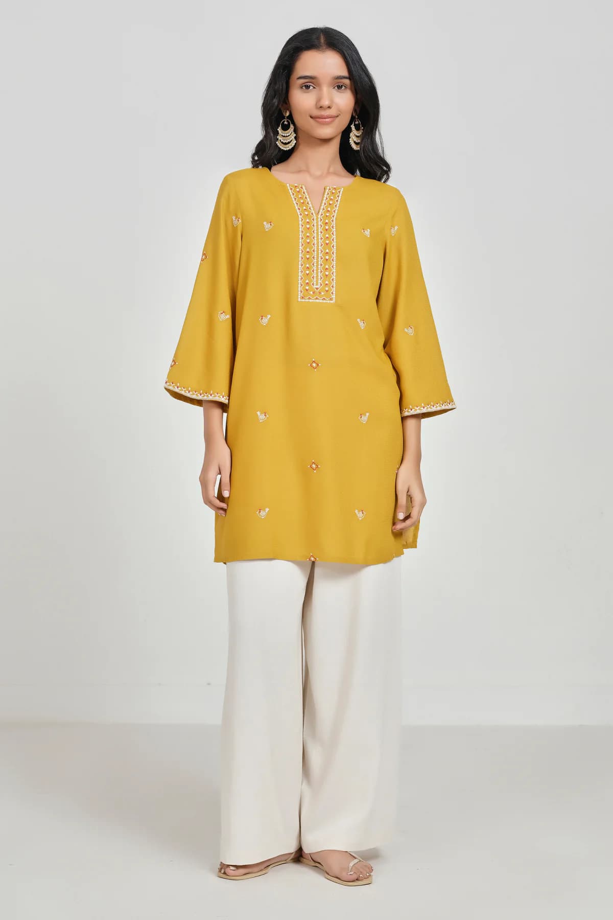 Women's Yellow Casual V-Neck Embroidered Tunic Top