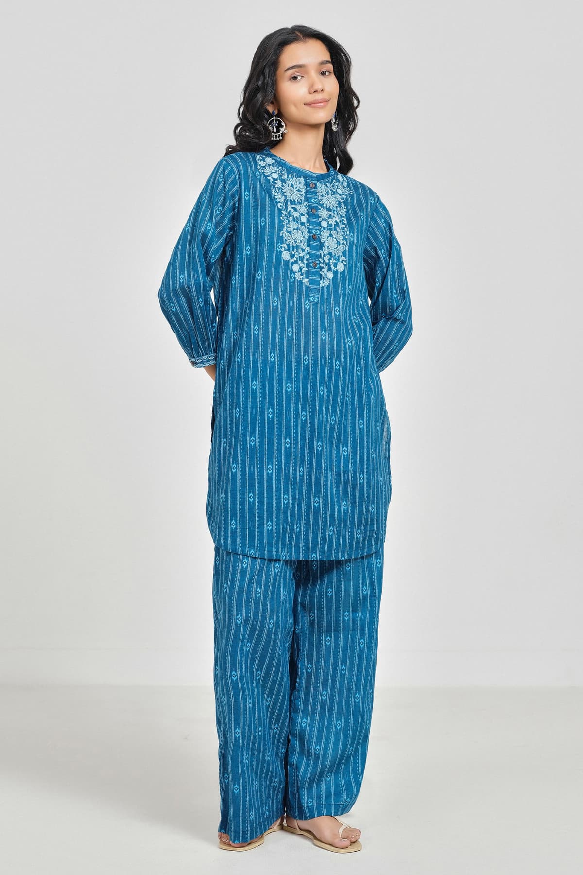 Women's Blue Casual Abstract Round Neck Co-Ord Set