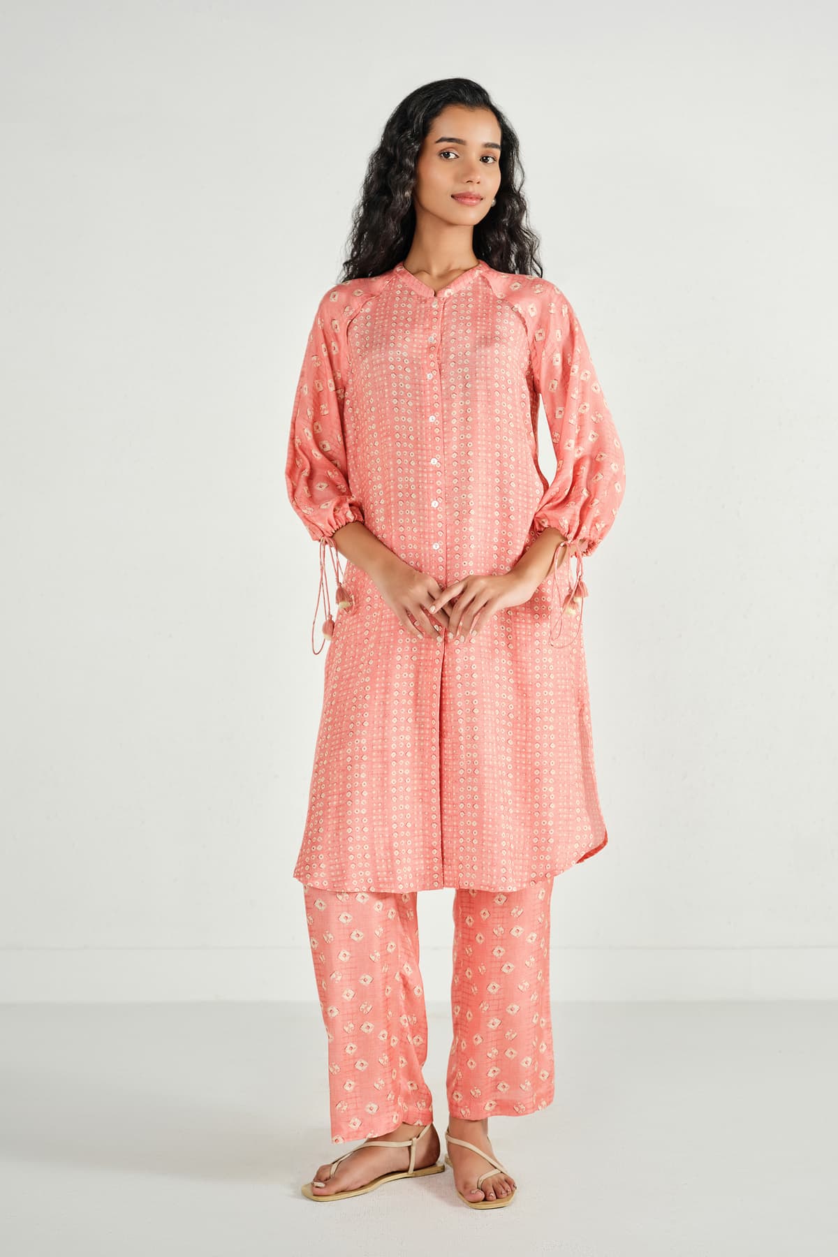Women's Pink Casual Round Neck Abstract Kurta Set