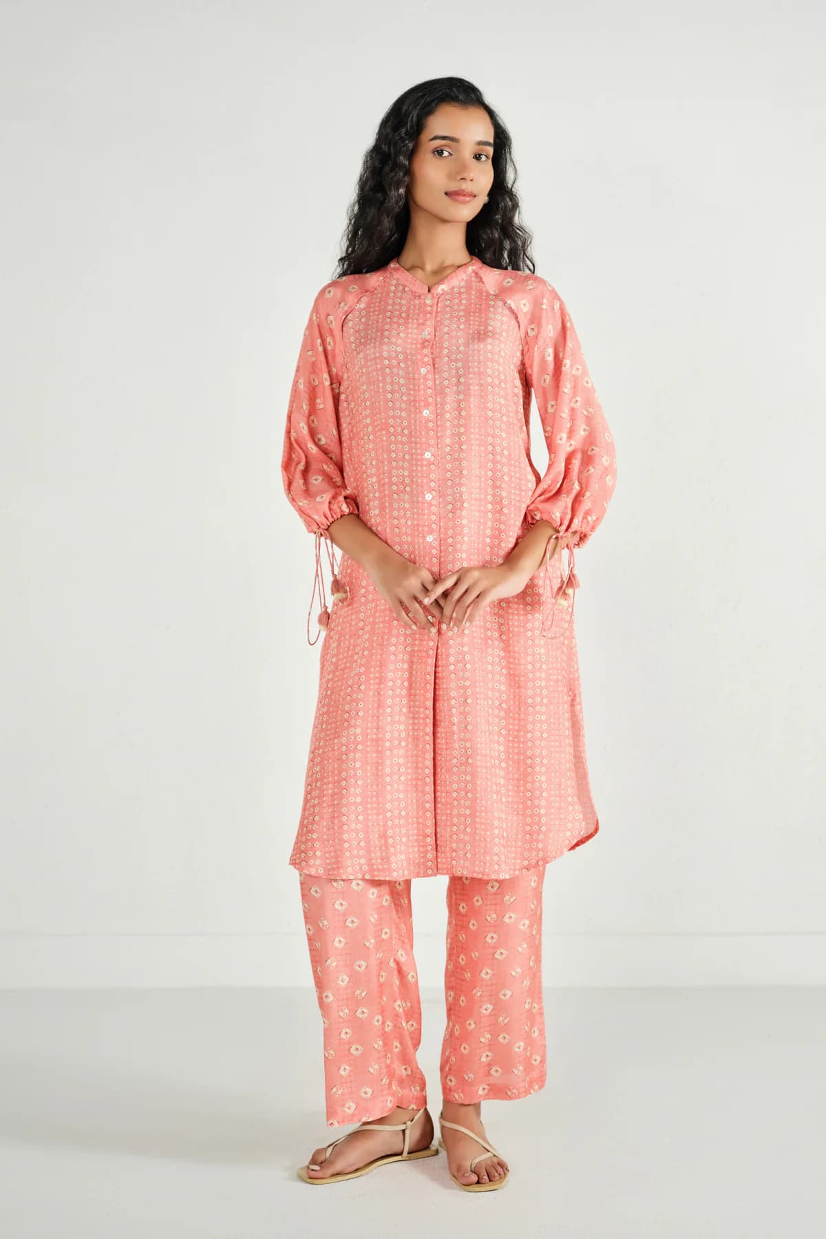 Women's Pink Casual Round Neck Abstract Kurta Set