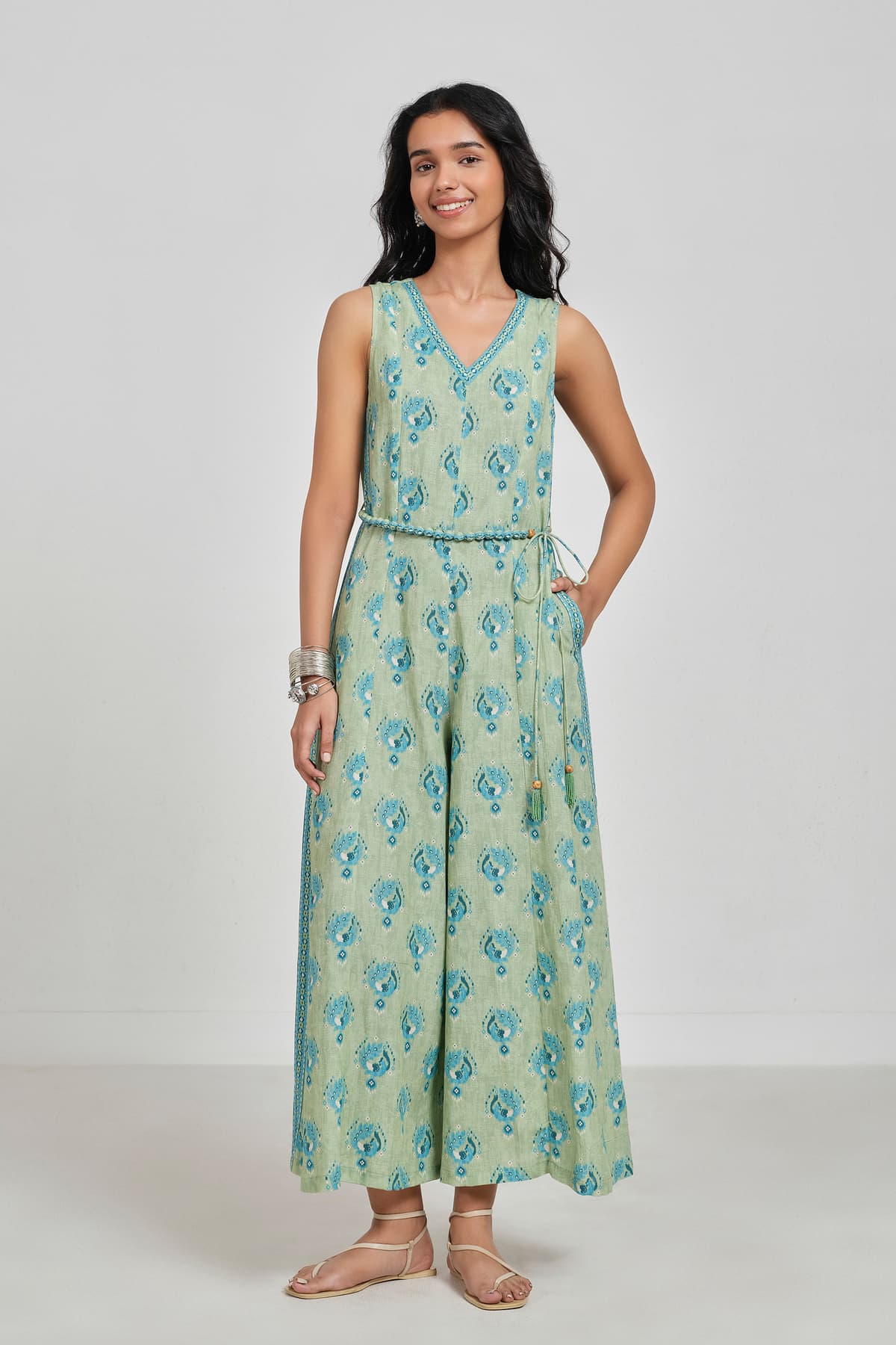 Women's Green Casual V-Neck Abstract Sleeveless Jumpsuit