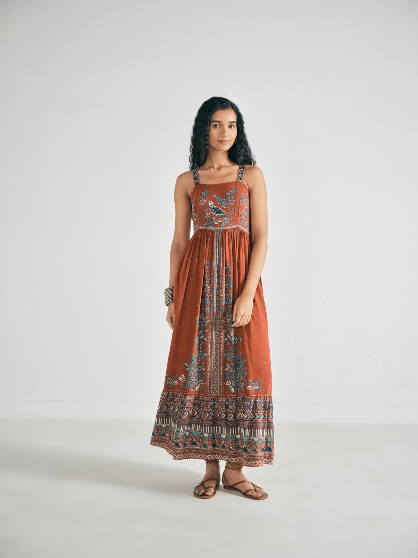 Women's Orange Casual Printed Sleeveless Maxi Dress