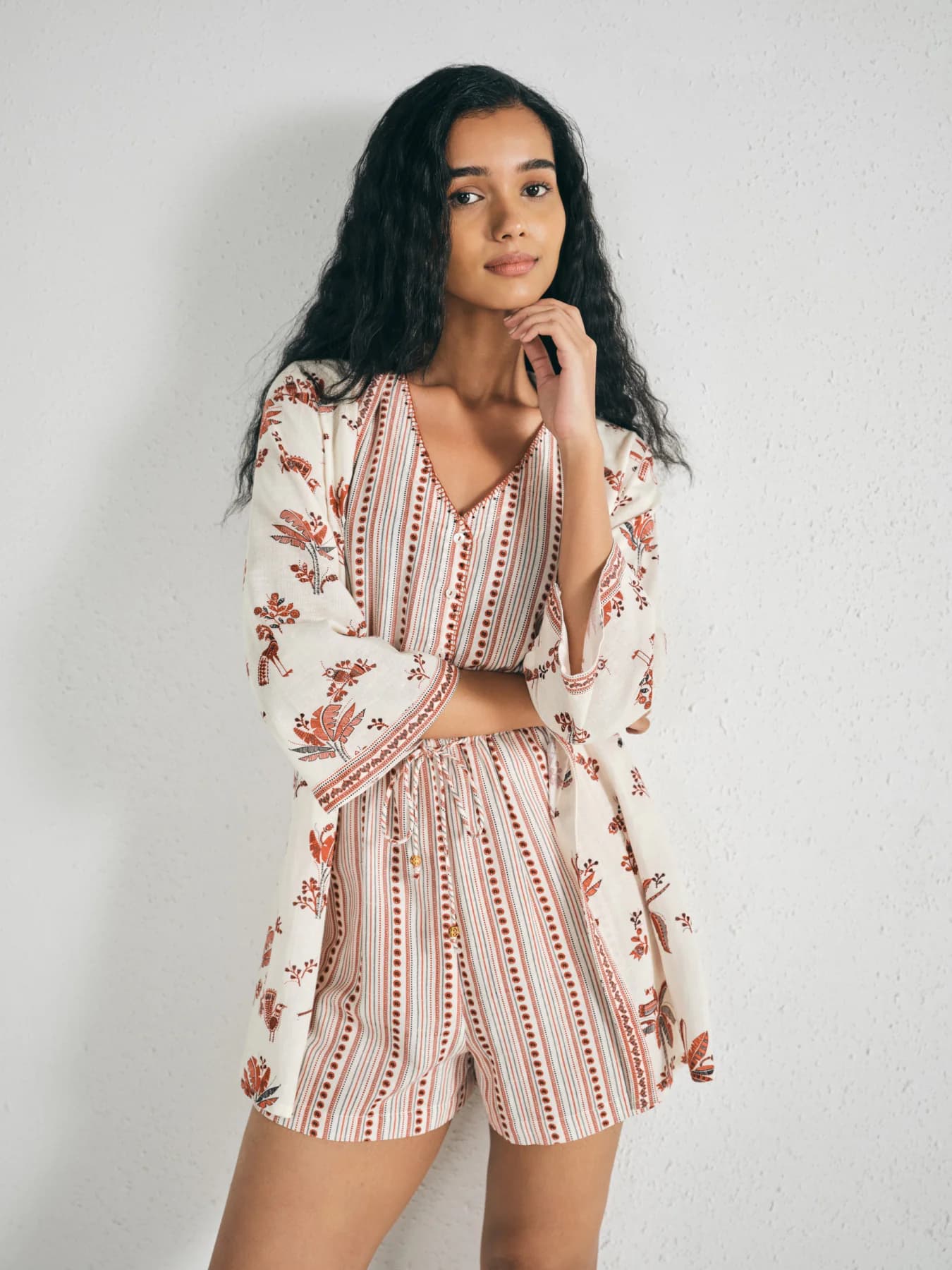 Women's Cream Casual Regular Fit Printed Three Quarter Sleeves Jumpsuit