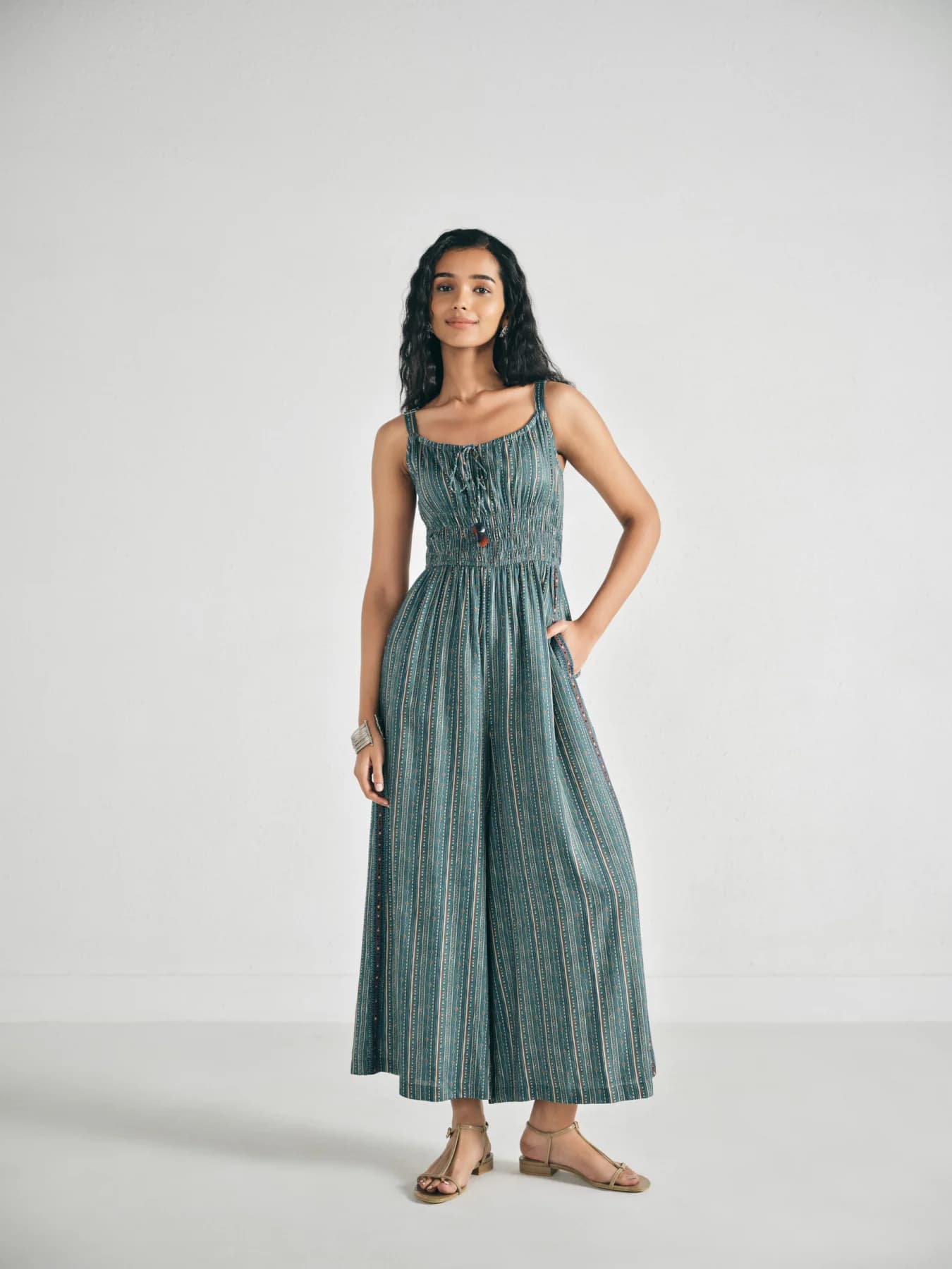 Women's Blue Casual Regular Fit Printed Sleeveless Jumpsuit