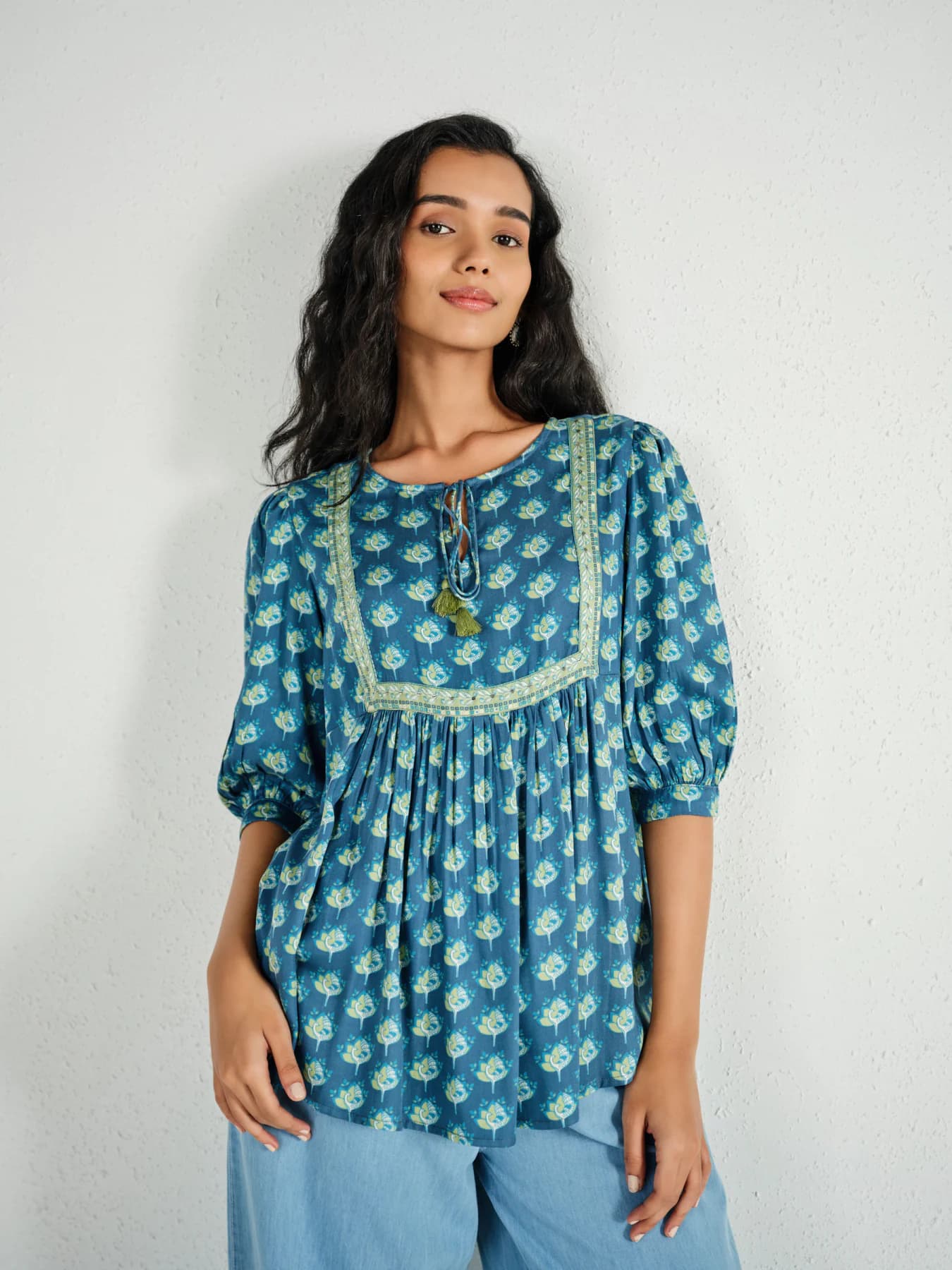 Women's Blue Casual Three Quarter Sleeves Tops