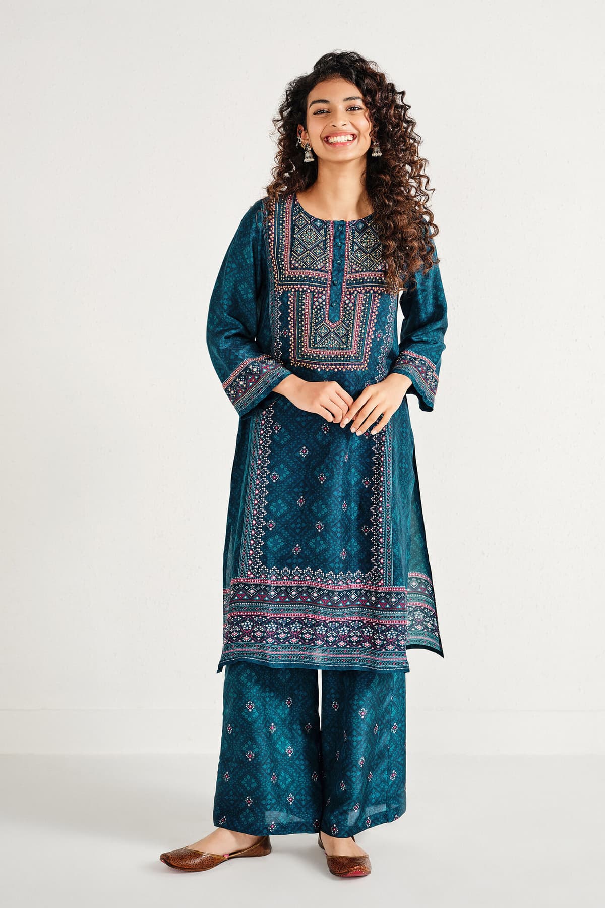 Women's Blue Casual Three Quarter Sleeves Kurta Set