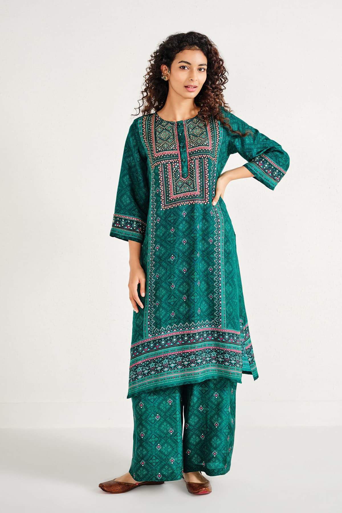 Women's Green Casual Three Quarter Sleeves Kurta Set