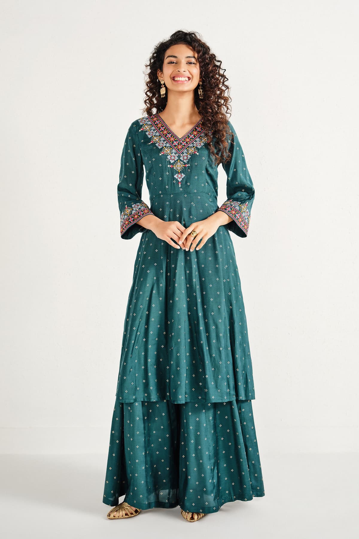 Women's Green Casual Three Quarter Sleeves Kurta Set