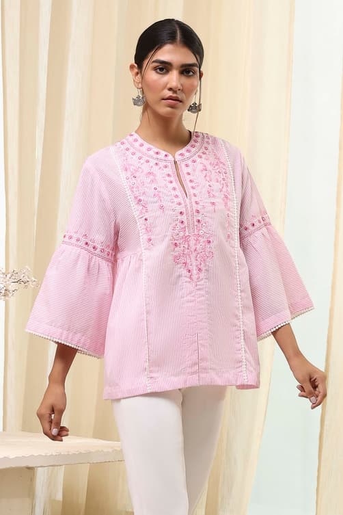 Women's Pink Cotton Striped Straight Short Kurta