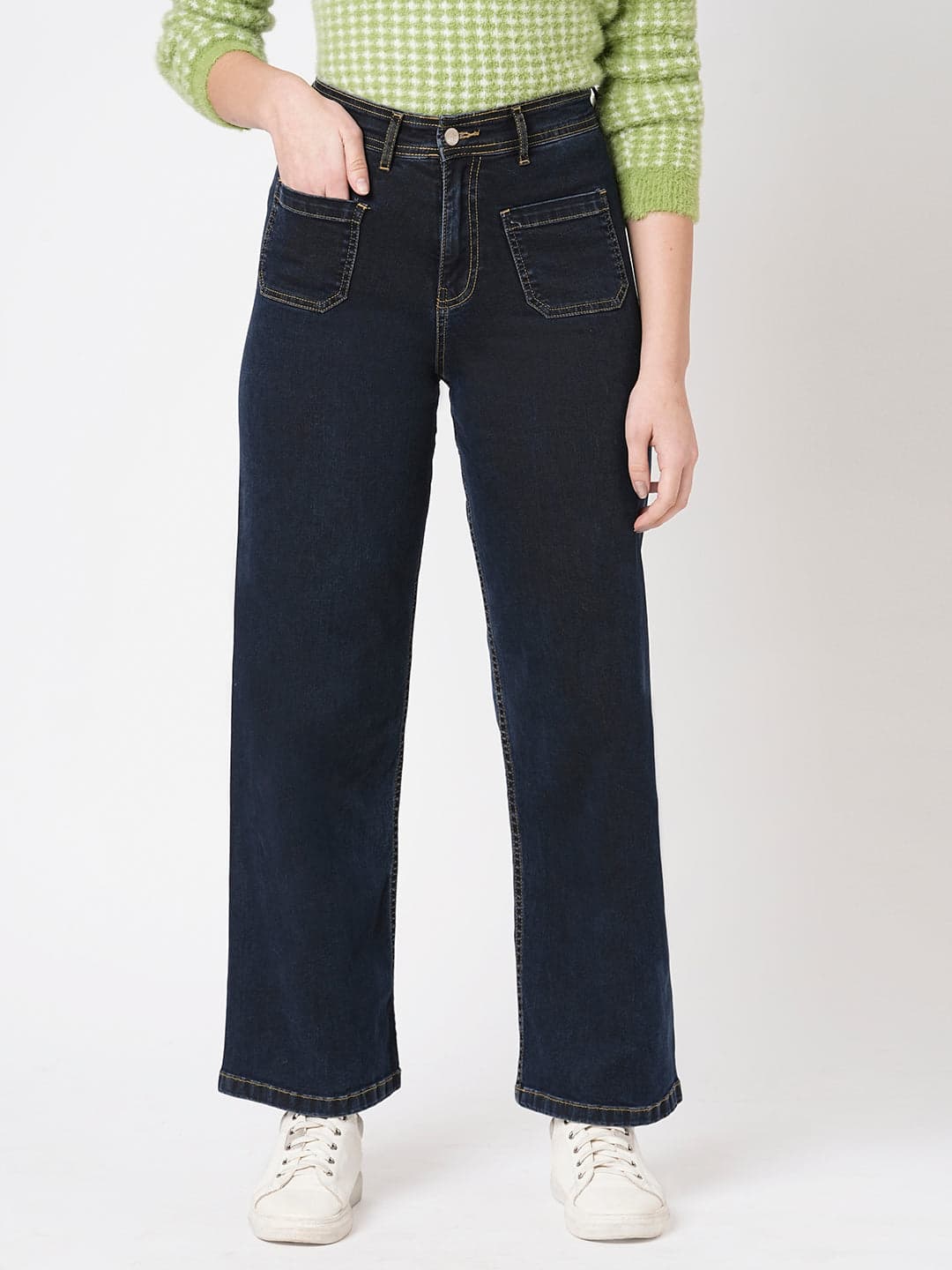Women's Blue Casual High Rise Wide Leg Jeans
