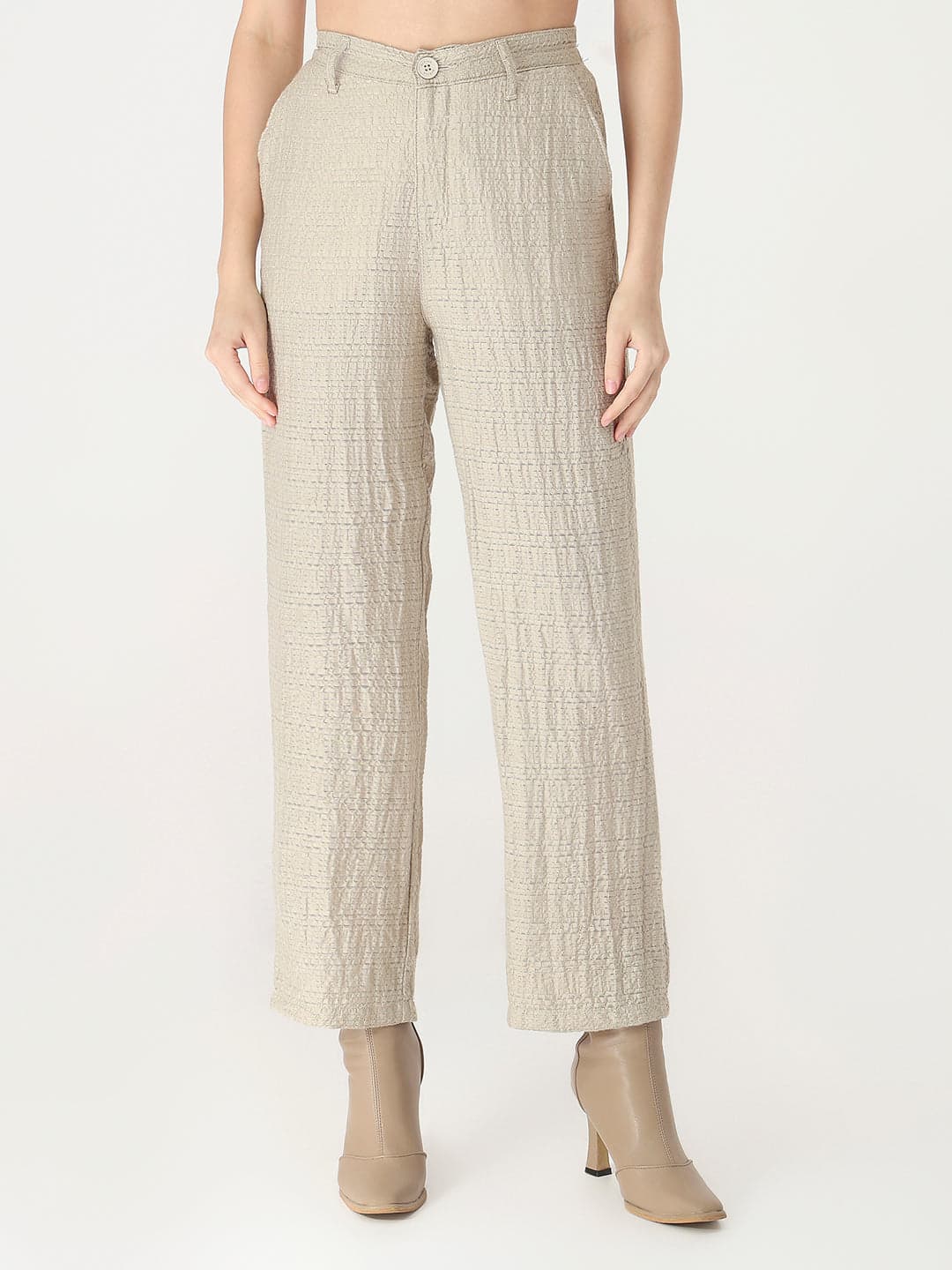 Women's Beige Casual High Rise Straight Fit Trouser