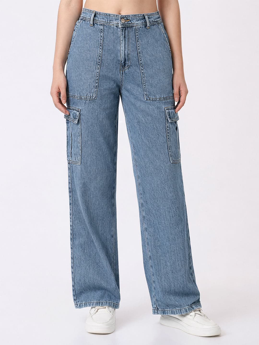 Women's Blue Casual High Rise Regular Fit Cargos