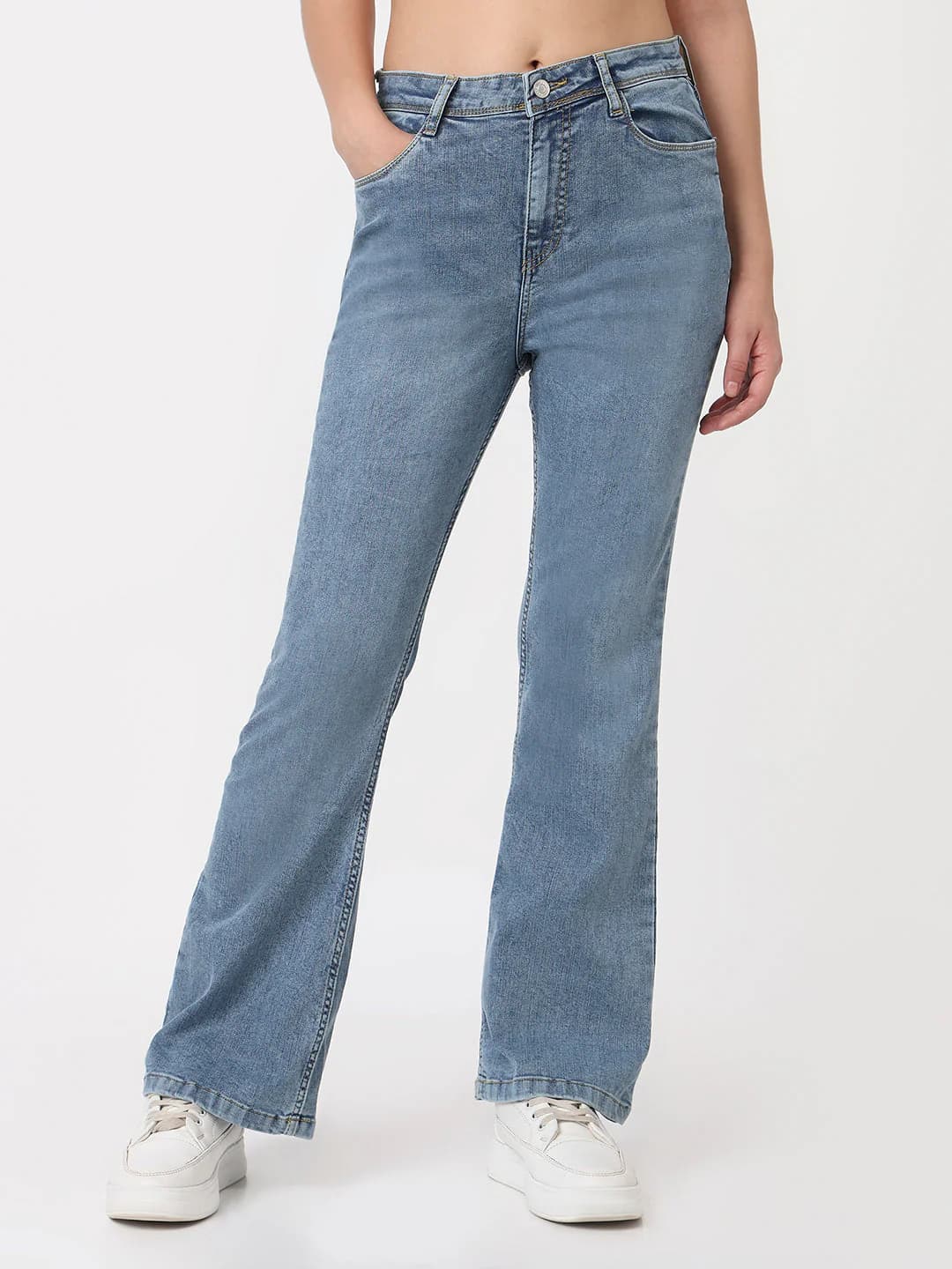 Women's Blue Casual High Rise Bootcut Fit Jeans