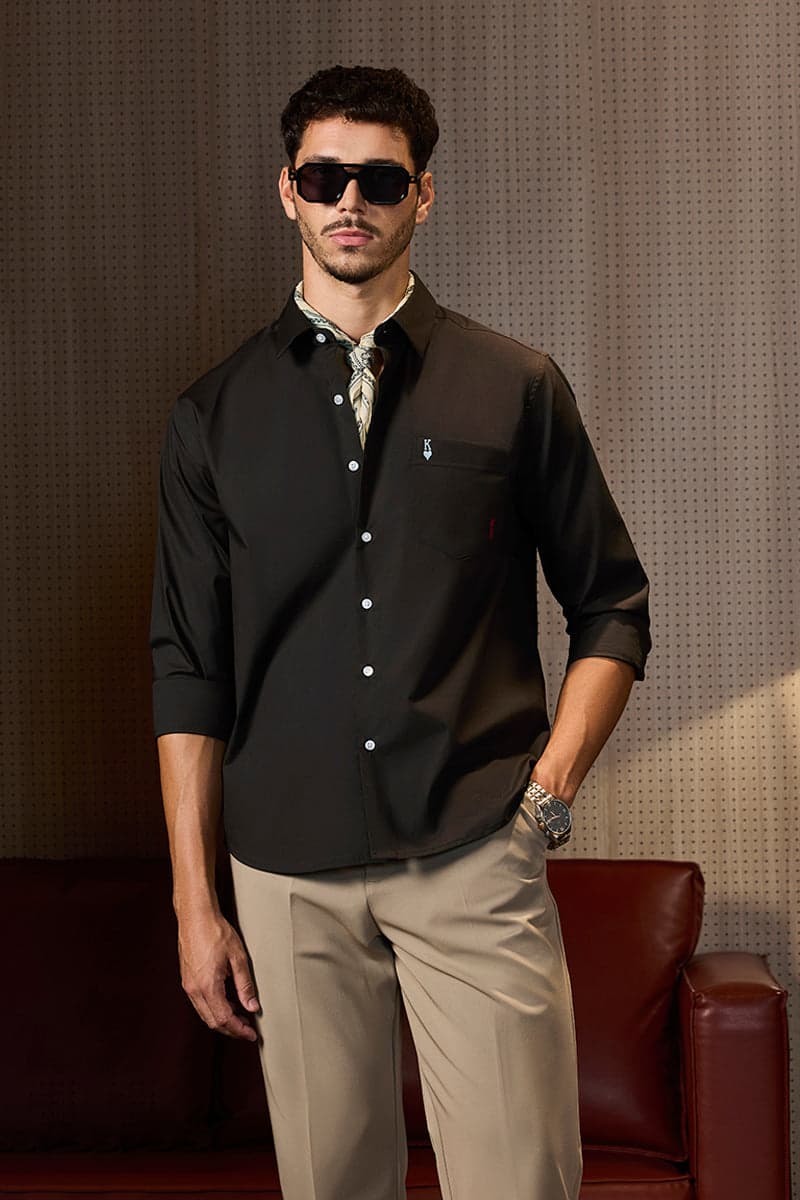 Men's Black Casual Regular Length Full Sleeves Shirt
