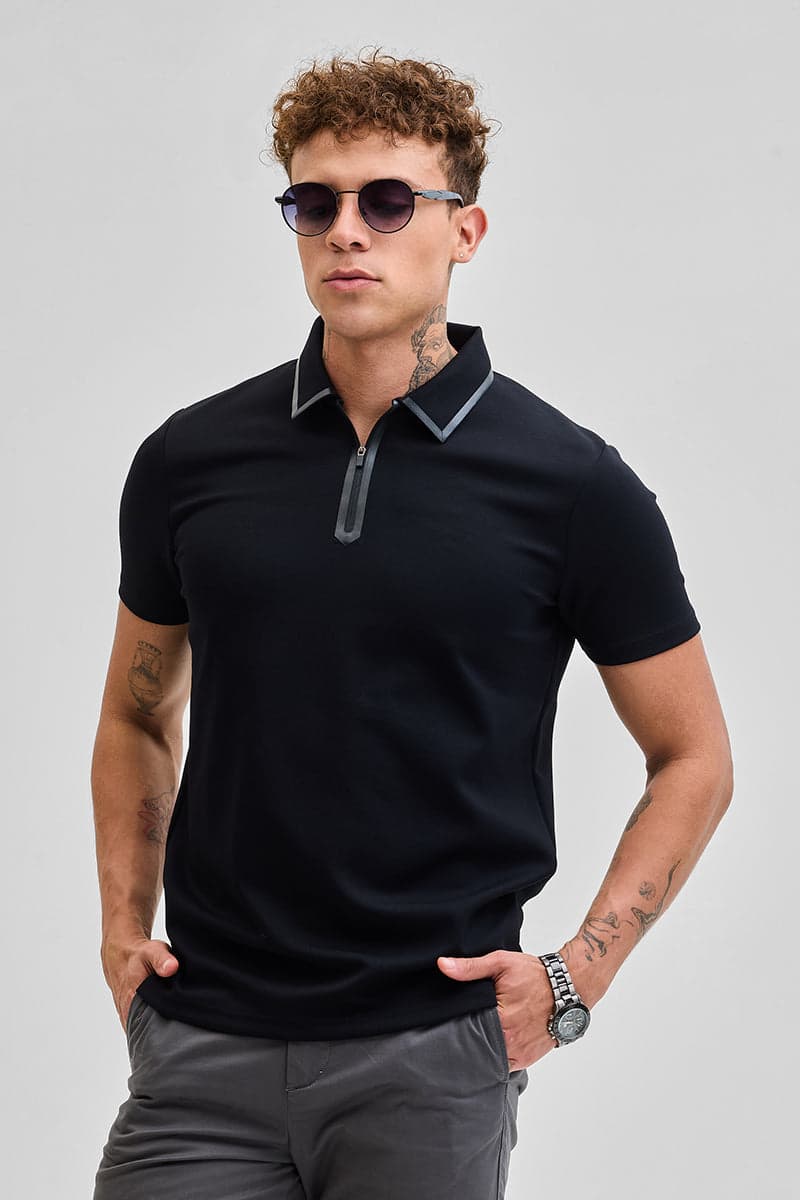 Men's Black Casual Regular Length Half Sleeves Polo Tshirt
