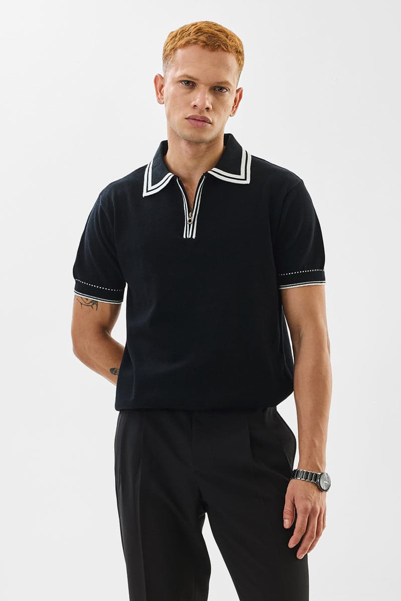 Men's Black Casual Regular Length Half Sleeves Polo Tshirt