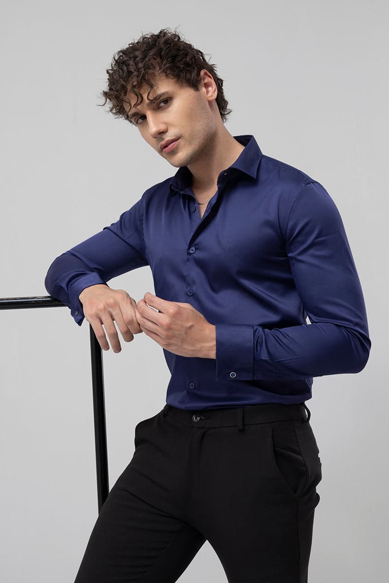 Men's Navy Festive Regular Length Full Sleeves Shirt
