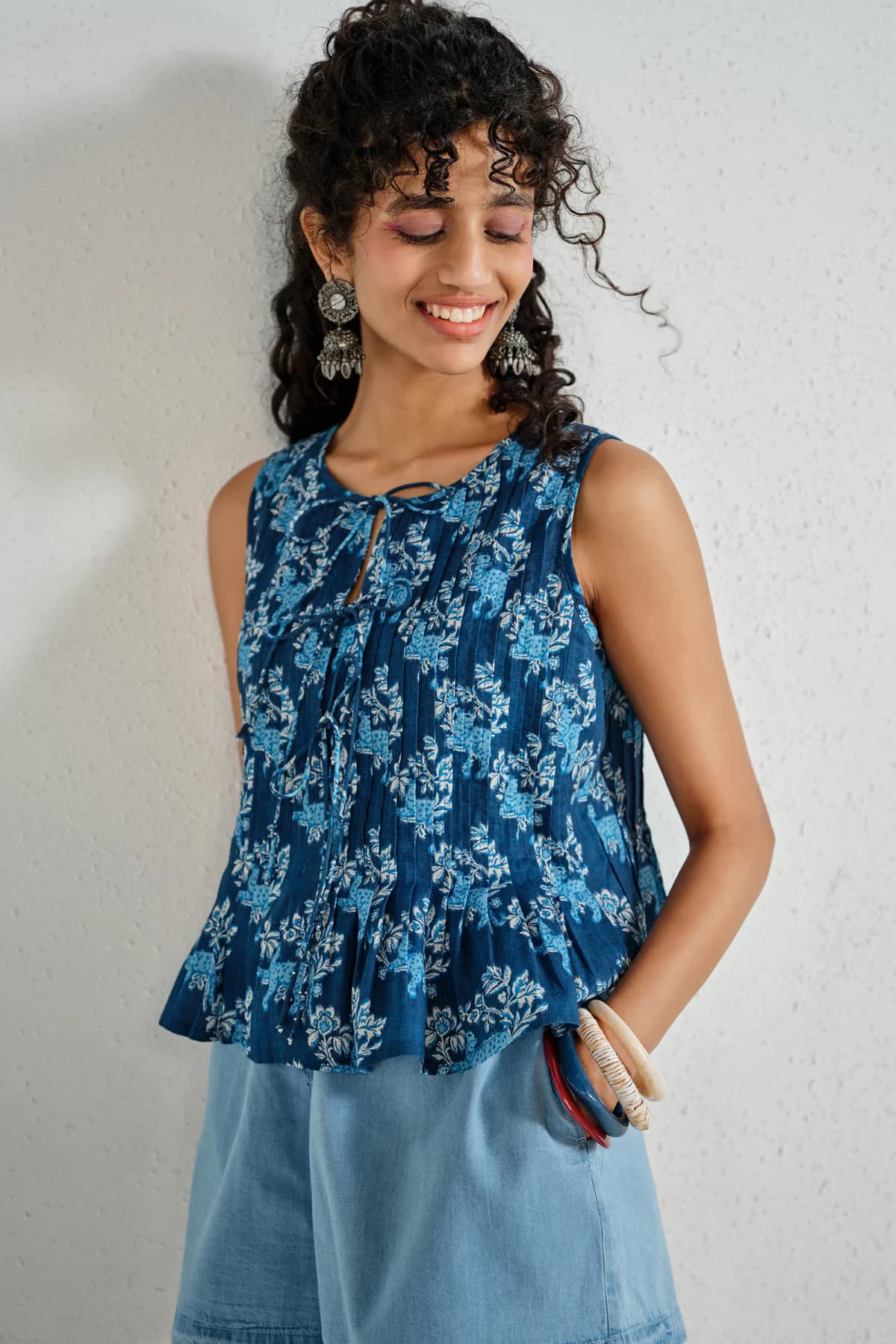 Women's Blue Casual Printed Tie-Up Neck Top