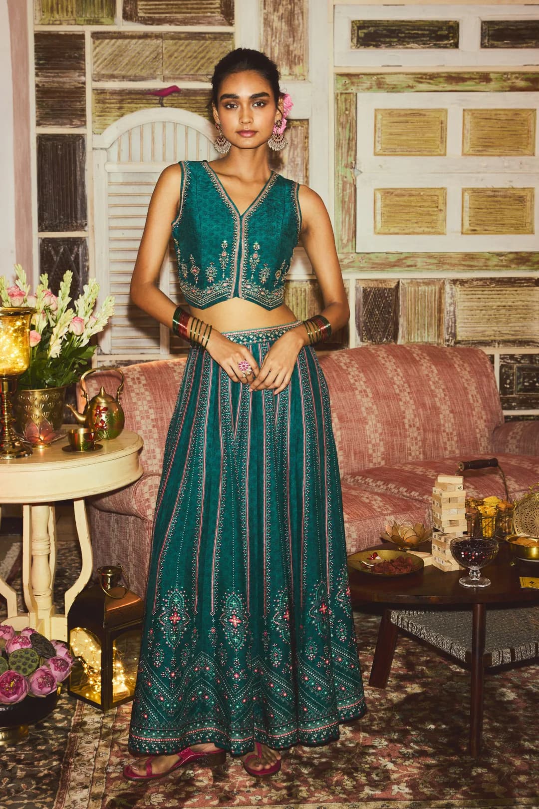 Women's Green Casual Embroidered V-Neck Crop Top and Skirt