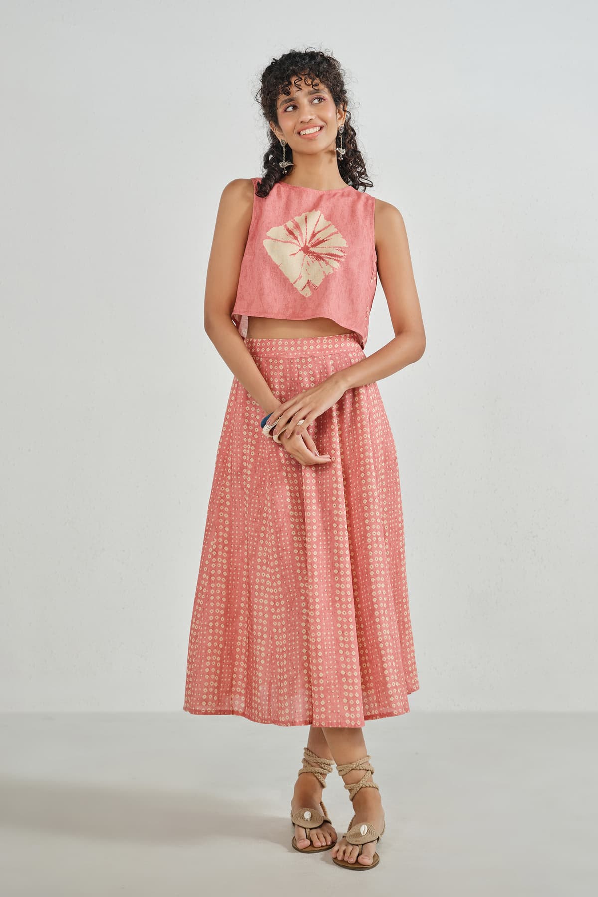 Women's Pink Casual Printed Crop Top Sleeveless and Skirt