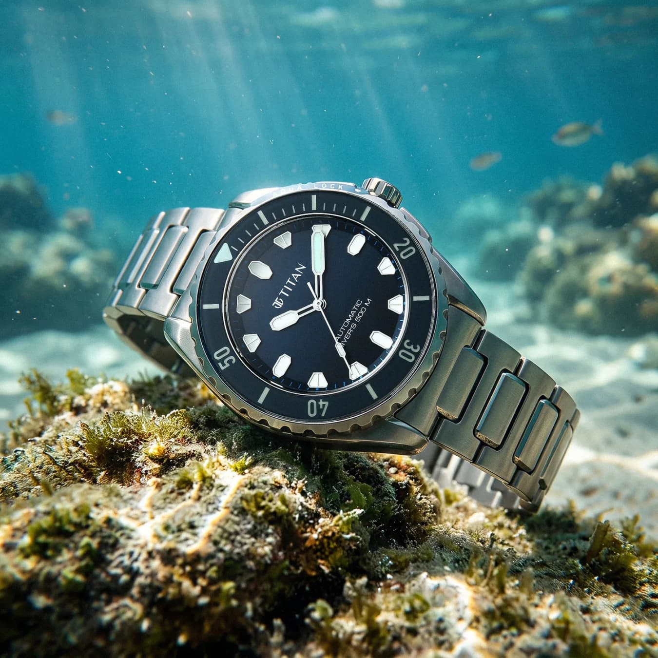 Men's Zero Hour Diver's Certified 500m Automatic Analog with Blue Dial Silver Men'sium & Blue FKM Strap Watch - 10071KM01