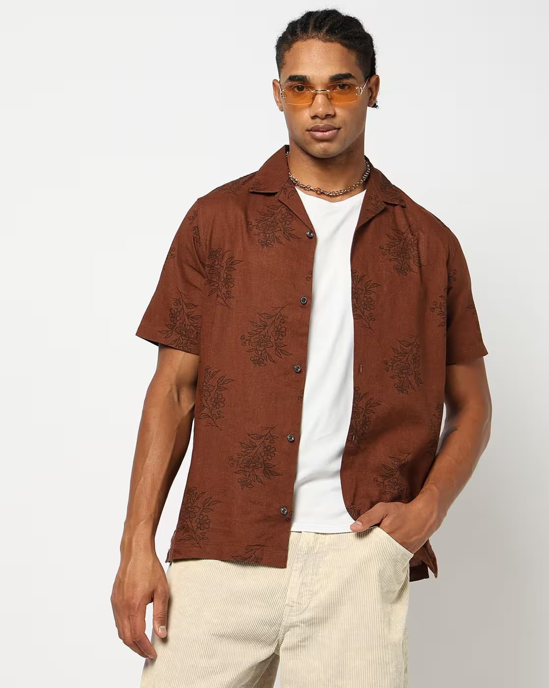 Men's Brown Casual Regular Fit Half Sleeves Linen Shirt
