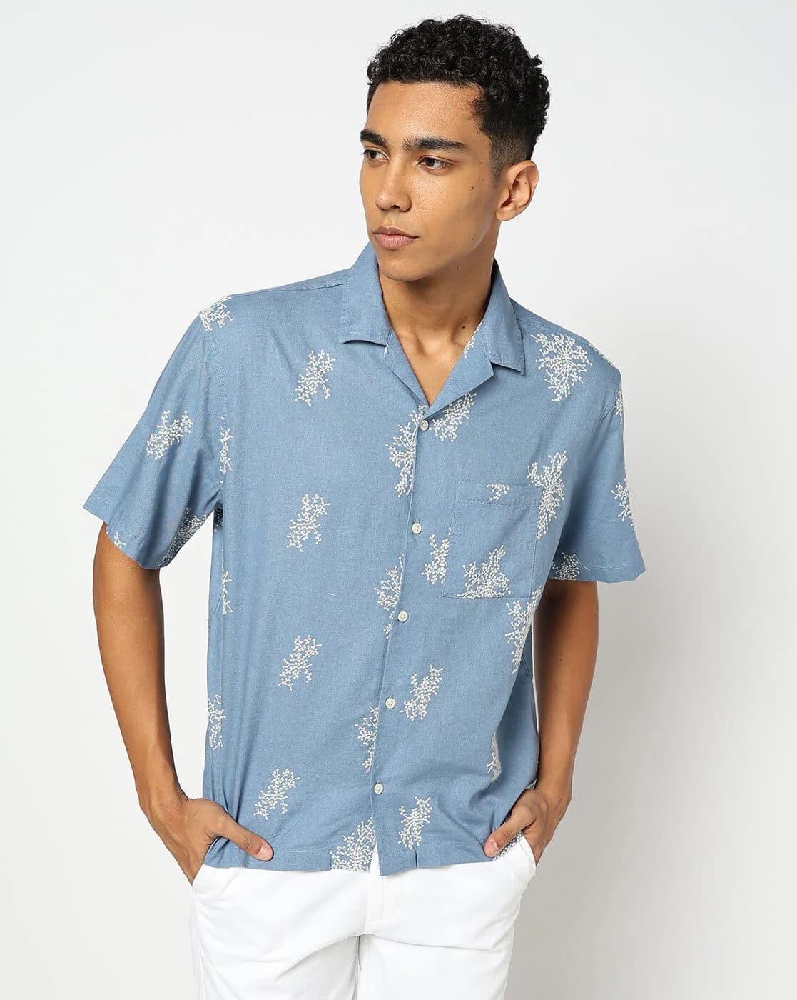 Men's Blue Casual Regular Fit Half Sleeves Linen Shirt