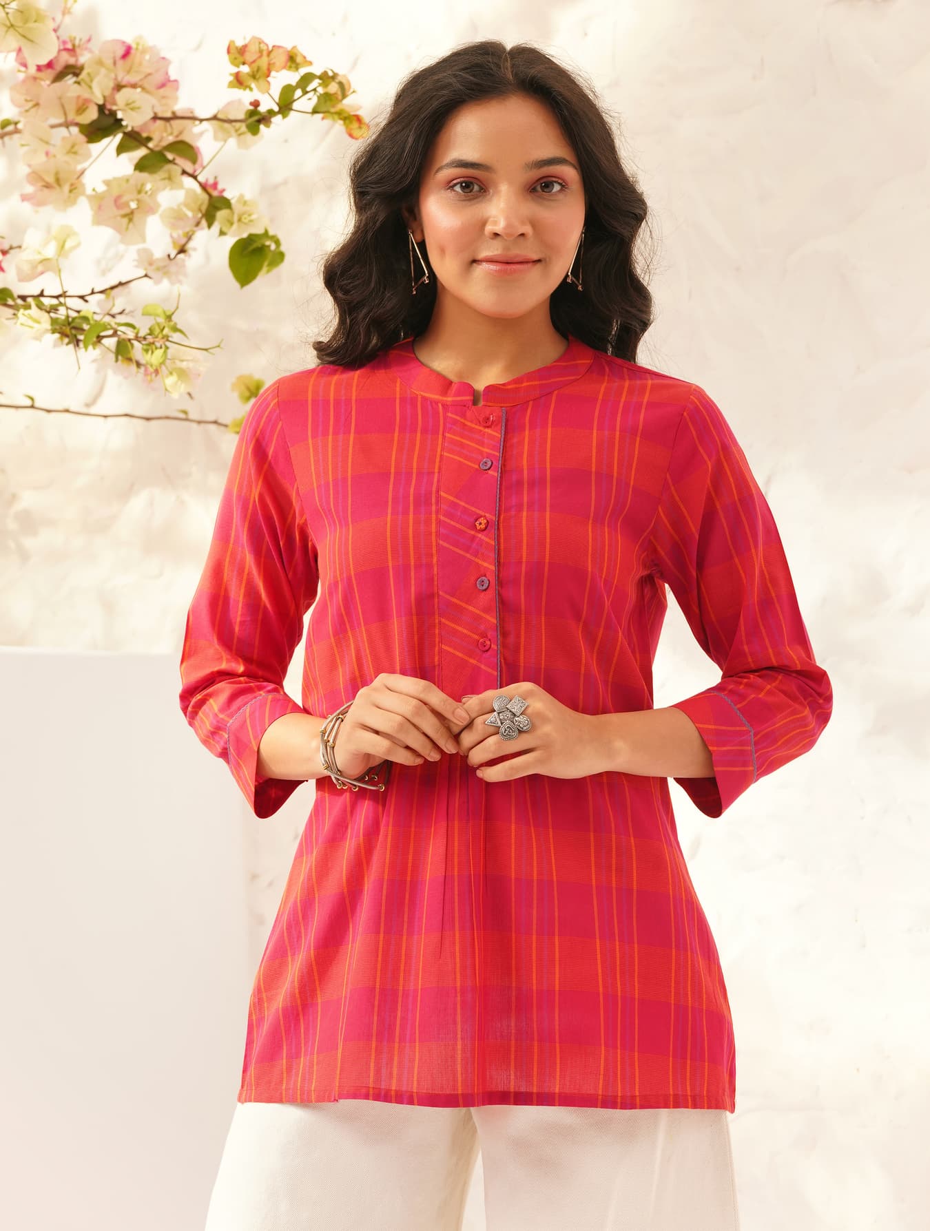 Women's Red Casual Regular Fit Self-Design Three Quarter Sleeves Top