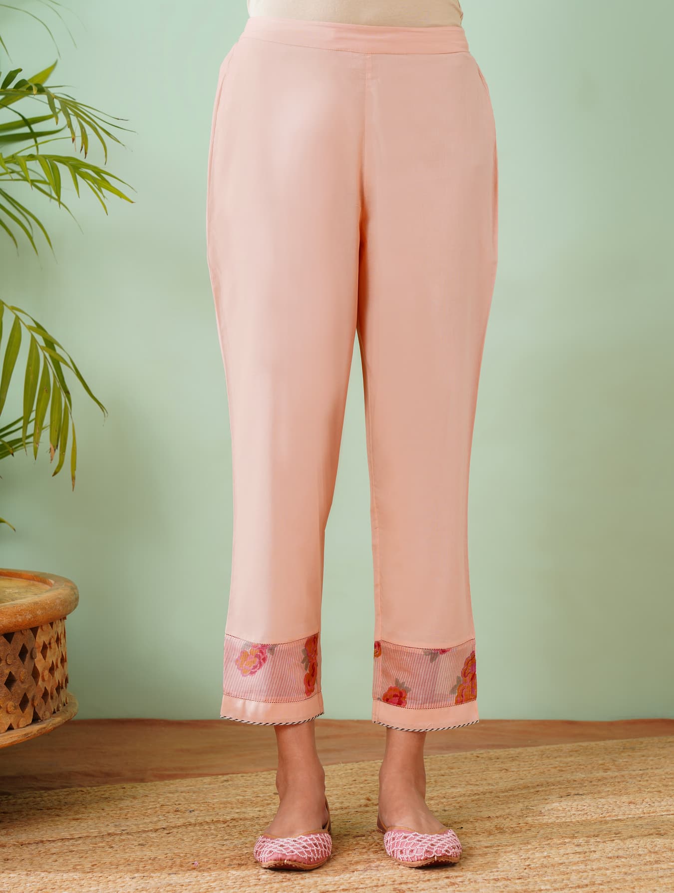 Women's Pink Cotton Ankle Length Straight Fit Trouser