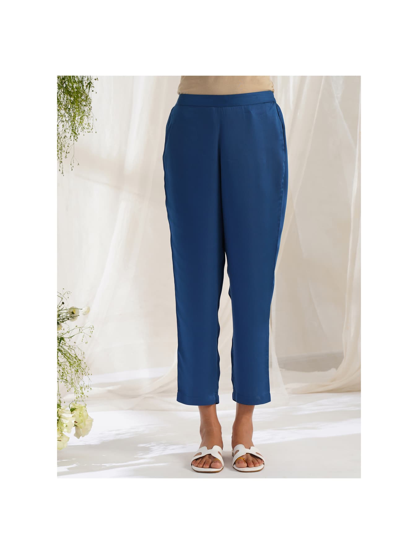 Women's Blue Modal Solid Ankle Length Straight Fit Trouser