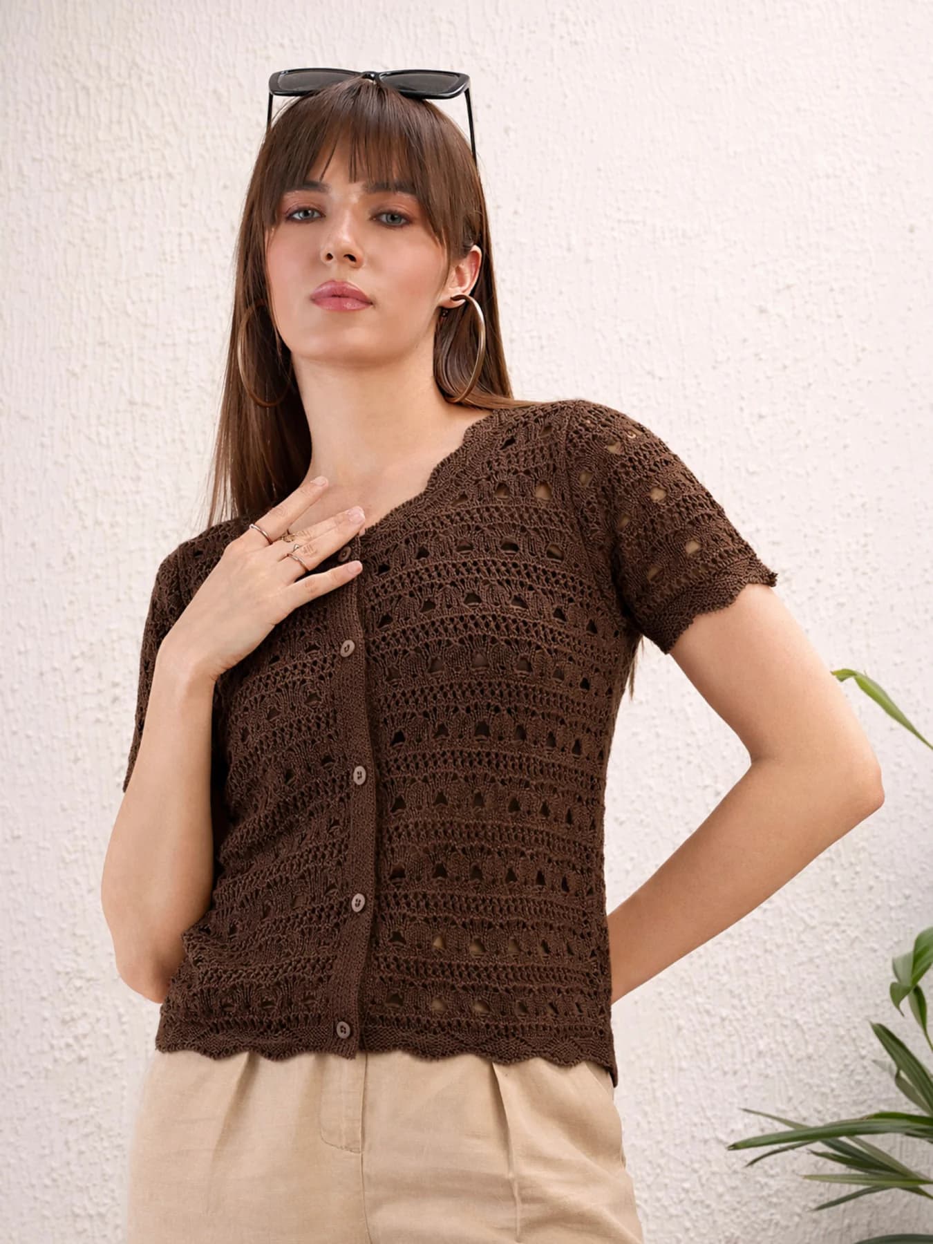 Women's Brown Casual Regular Fit Half Sleeves Round Neck Top