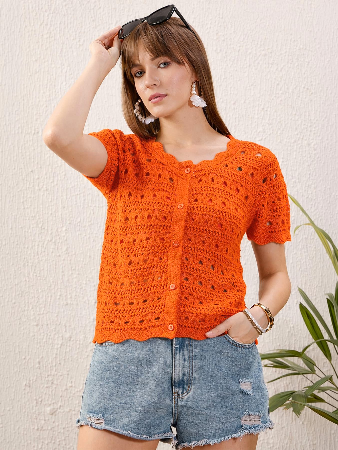 Women's Orange Casual Regular Fit Half Sleeves Round Neck Top