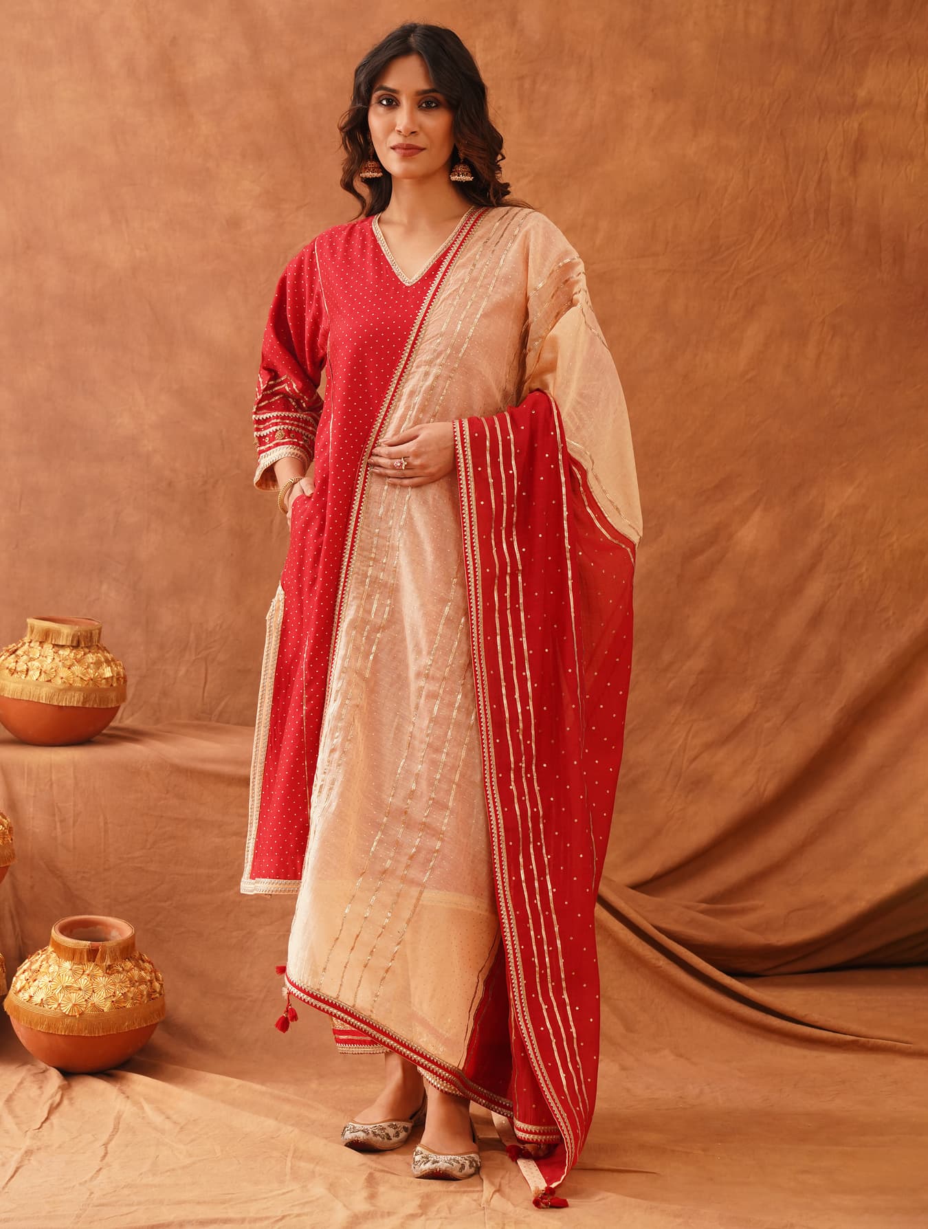 Women's Red Party Regular Fit Three Quarter Sleeves Kurta Set With Dupatta