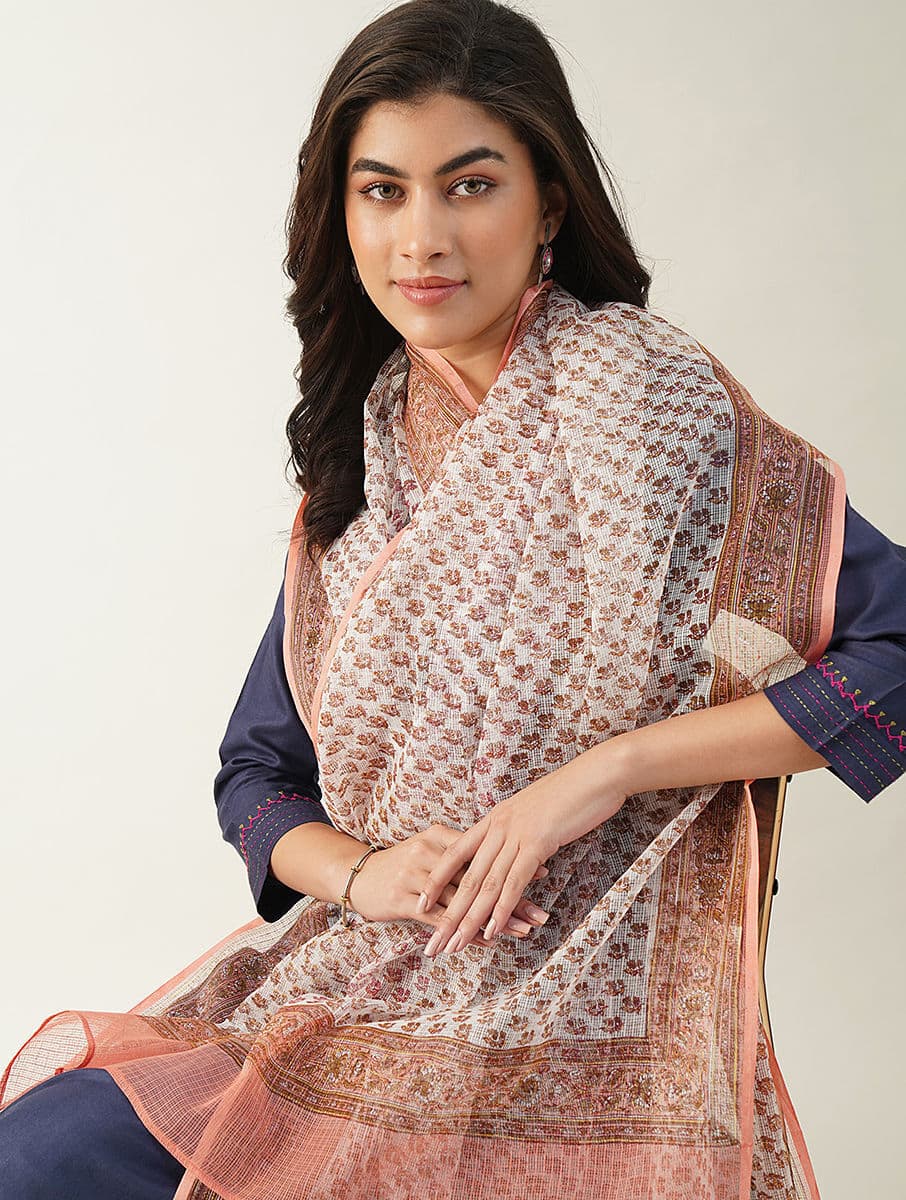 Women's Natural White Cotton Silk Printed Dupatta