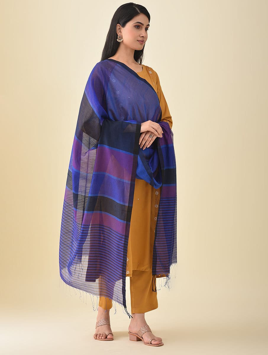Women's Blue Silk Solid Hand Woven Dupatta