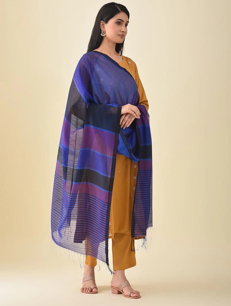Women's Blue Silk Solid Hand Woven Dupatta