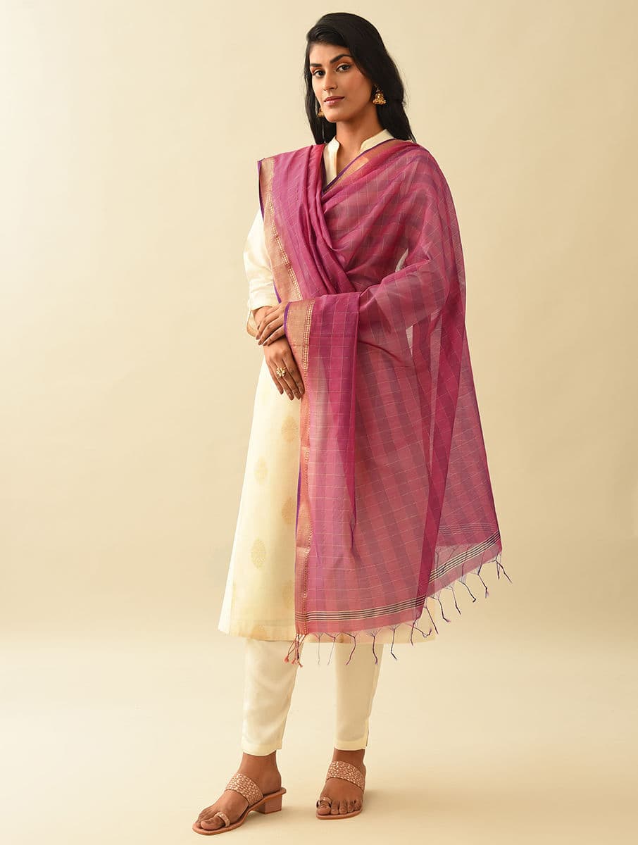 Women's Purple Cotton Silk Checks Hand Woven Dupatta