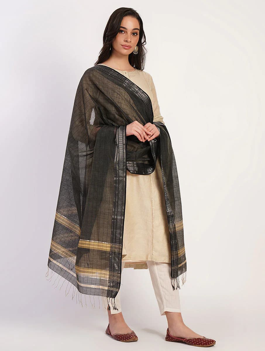 Women's Black Cotton Silk Striped Maheshwari Dupatta
