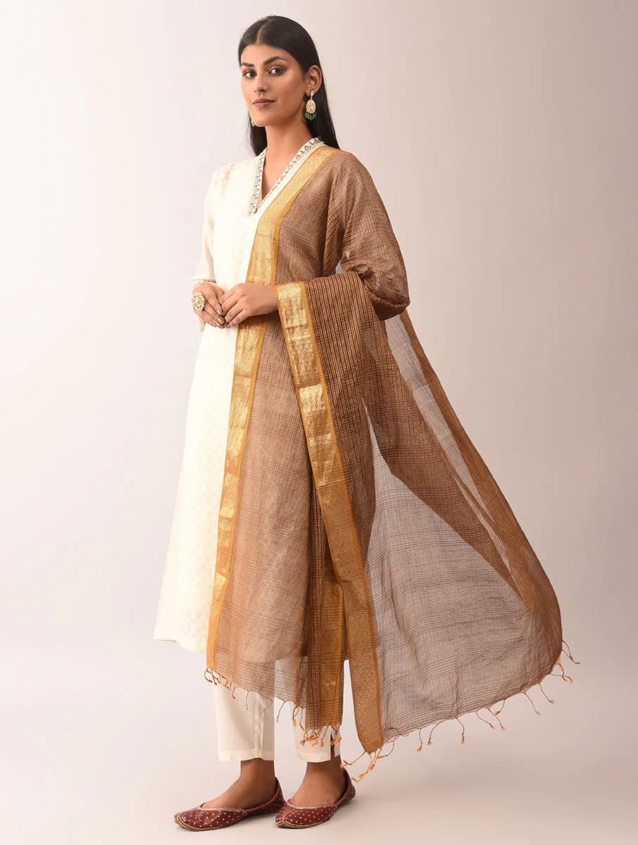 Women's Brown Cotton Silk Checks Hand Woven Dupatta