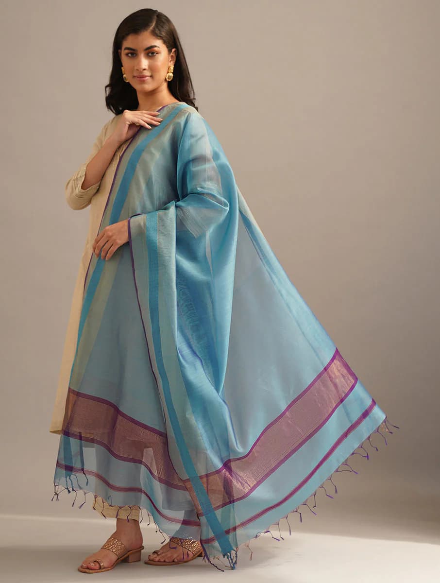 Women's Blue Cotton Silk Self Design Maheshwari Dupatta