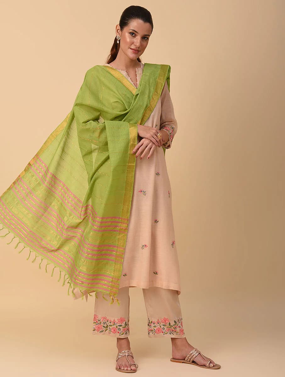 Women's Pista Green Cotton Solid Hand Woven Dupatta