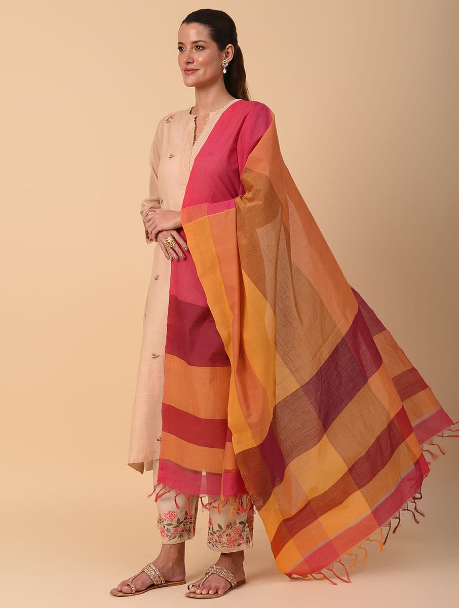 Women's Multicolor Cotton Colorblock Hand Woven Dupatta
