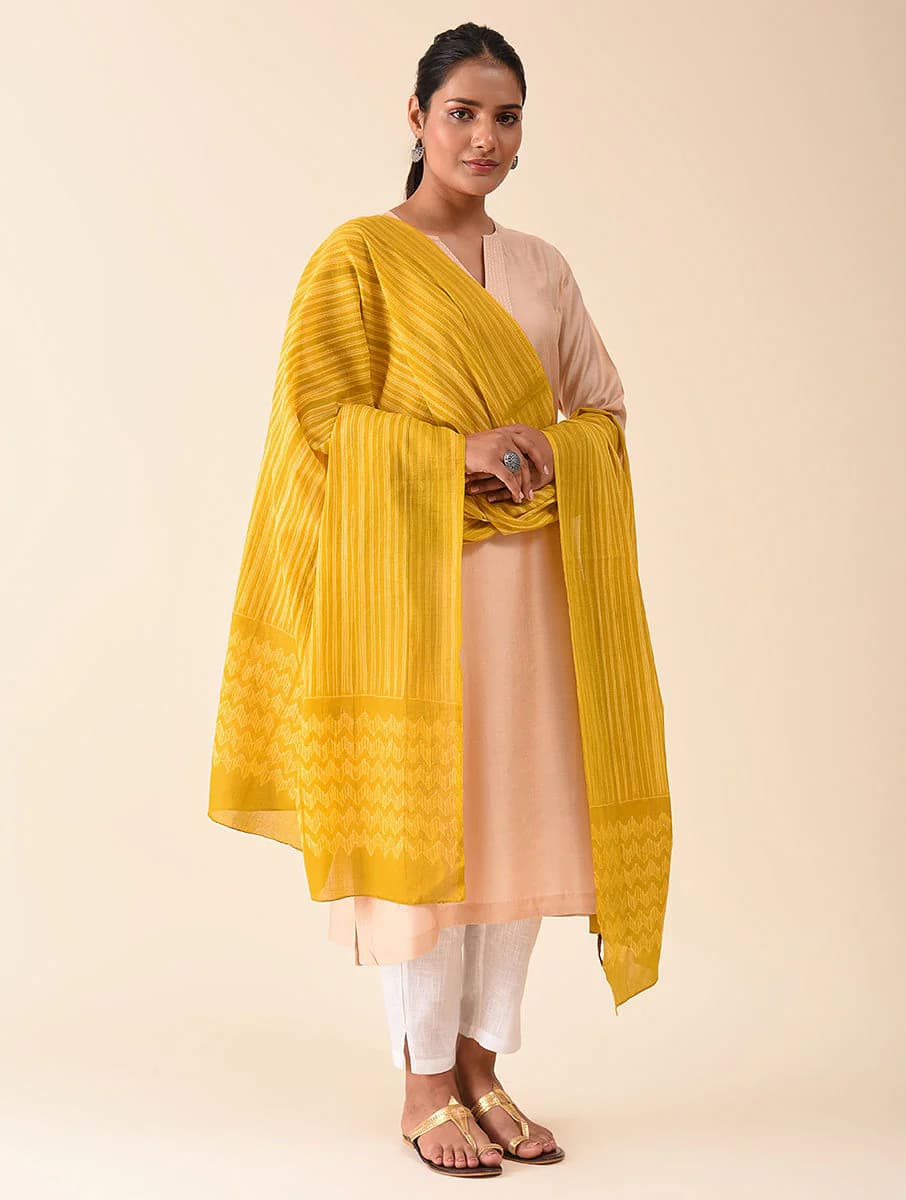 Women's Yellow Cotton Printed Shibori Dupatta