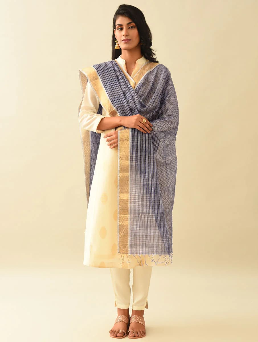 Women's Blue Cotton Silk Checks Hand Woven Dupatta